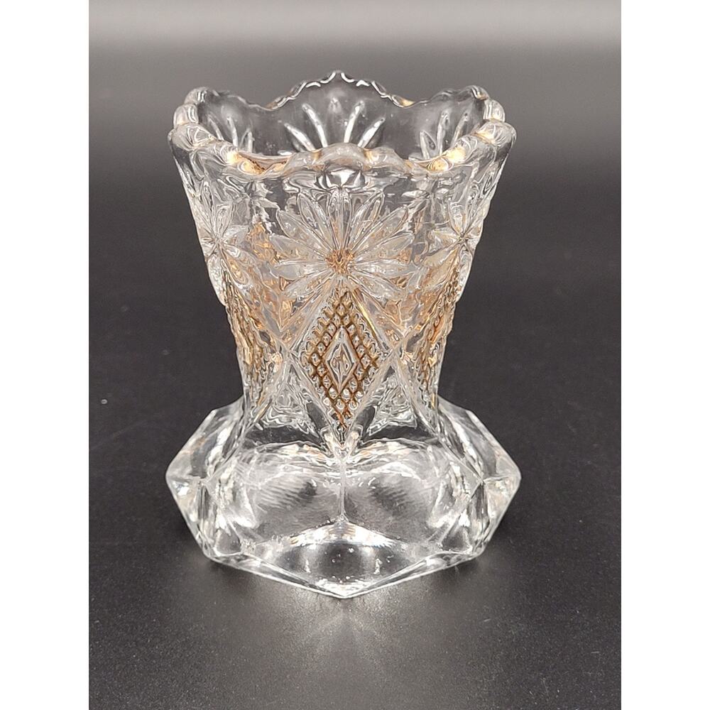 EAPG Shoshone Victor Floral Diamond Toothpick Holder Gold Trim